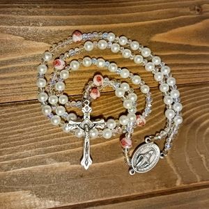 Beaded Rosary Necklace with Glass white pearls, clear crystals & pink rose beads